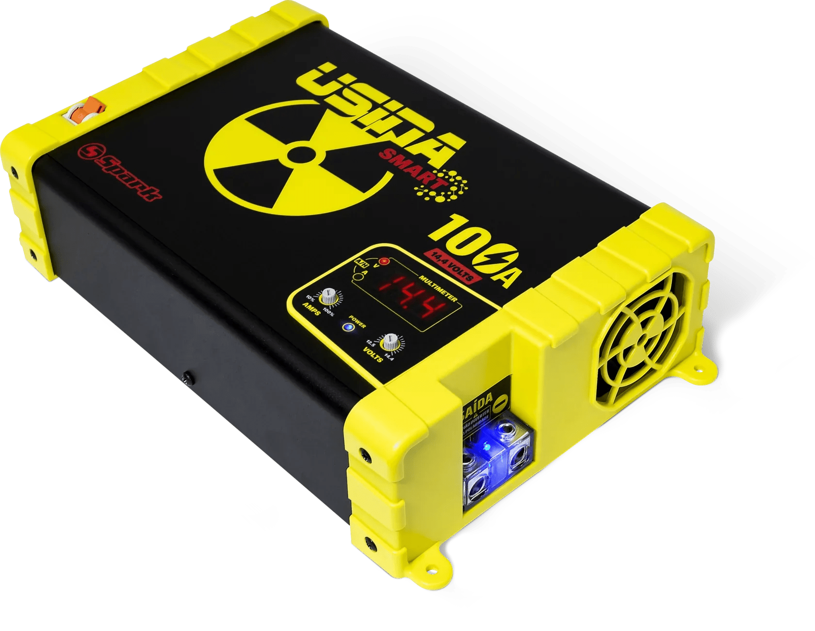 Spark Usina Smart 100A automotive power supply and charger with digital display, compact design, and sturdy metal casing.